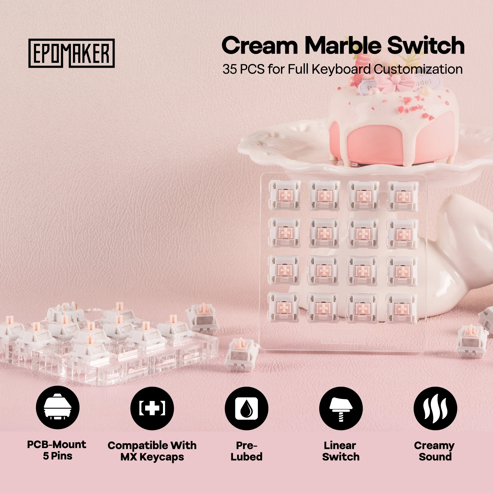 35 Pieces EPOMAKER Cream Marble Linear Switch Set 47gf 5-Pin Pre-Lubed LY Stem Creamy Switches Compatible with MX Keycaps for Mechanical Gaming Keyboard