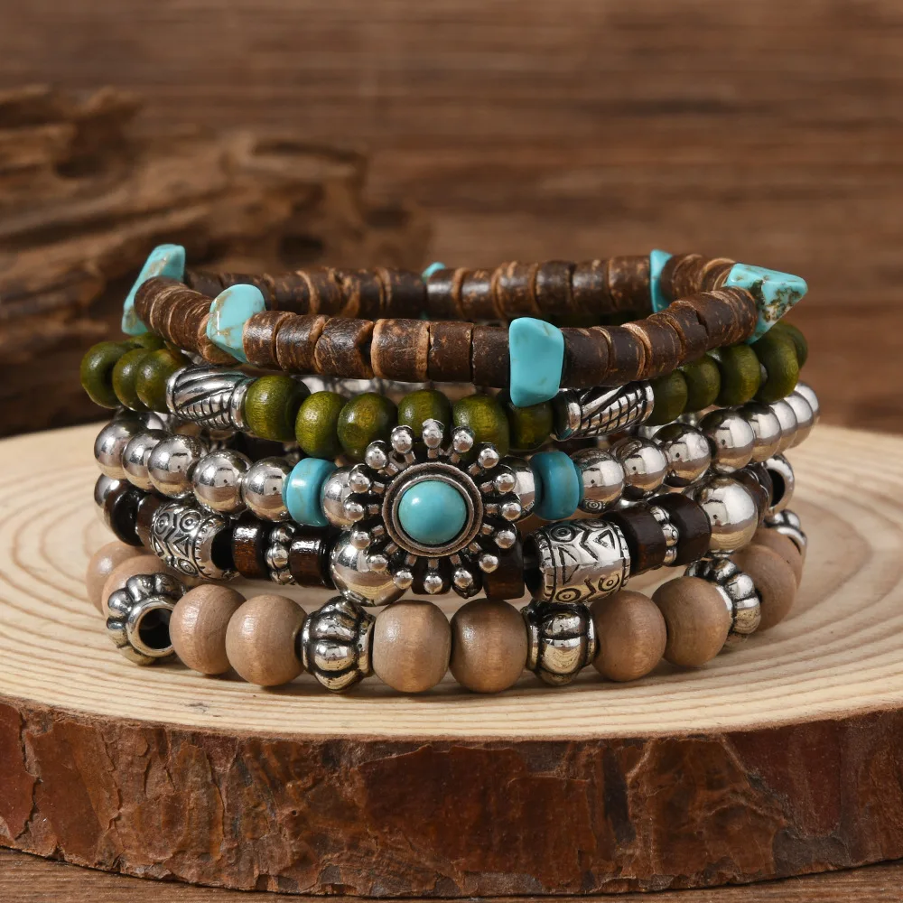 Pulseras bohemias Vintage Tribal de cuentas de madera para hombres, pulseras multicapa de moda Retro con flores y turquesas, regalos