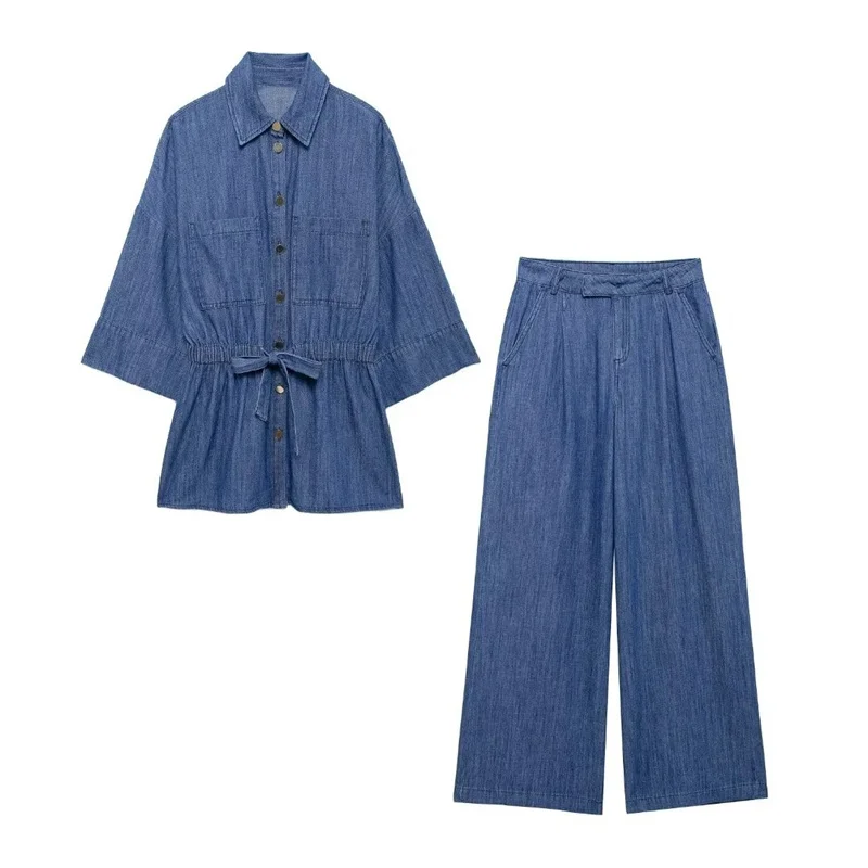 

Autumn Women's Suit Denim Shirt Jacket High Waisted Wide Leg Pants Set 2024 Loose Blouse Straight Trousers Women's 2 Piece Set