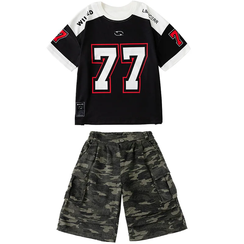 طفل Kpop الهيب هوب الملابس السوداء إلكتروني تي شيرت السراويل البضائع المموه السراويل المتوسطة لفتاة صبي الجاز ملابس الرقص زي الملابس