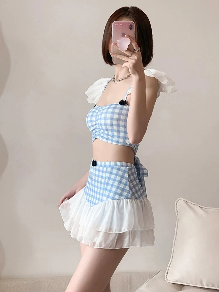 

OIINAA Swimsuit Women Blue Plaid Bikini Set Mesh Ruffled Beach Skirts Sexy Cross Split Swimsuit Summer 2025 Hot Spring Swimwear