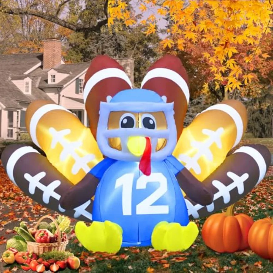 

8FT Long Thanksgiving Inflatables Turkey Decorations, Blow up Turkey Inflatable with Built-in Led Lights, Football Inflatable T