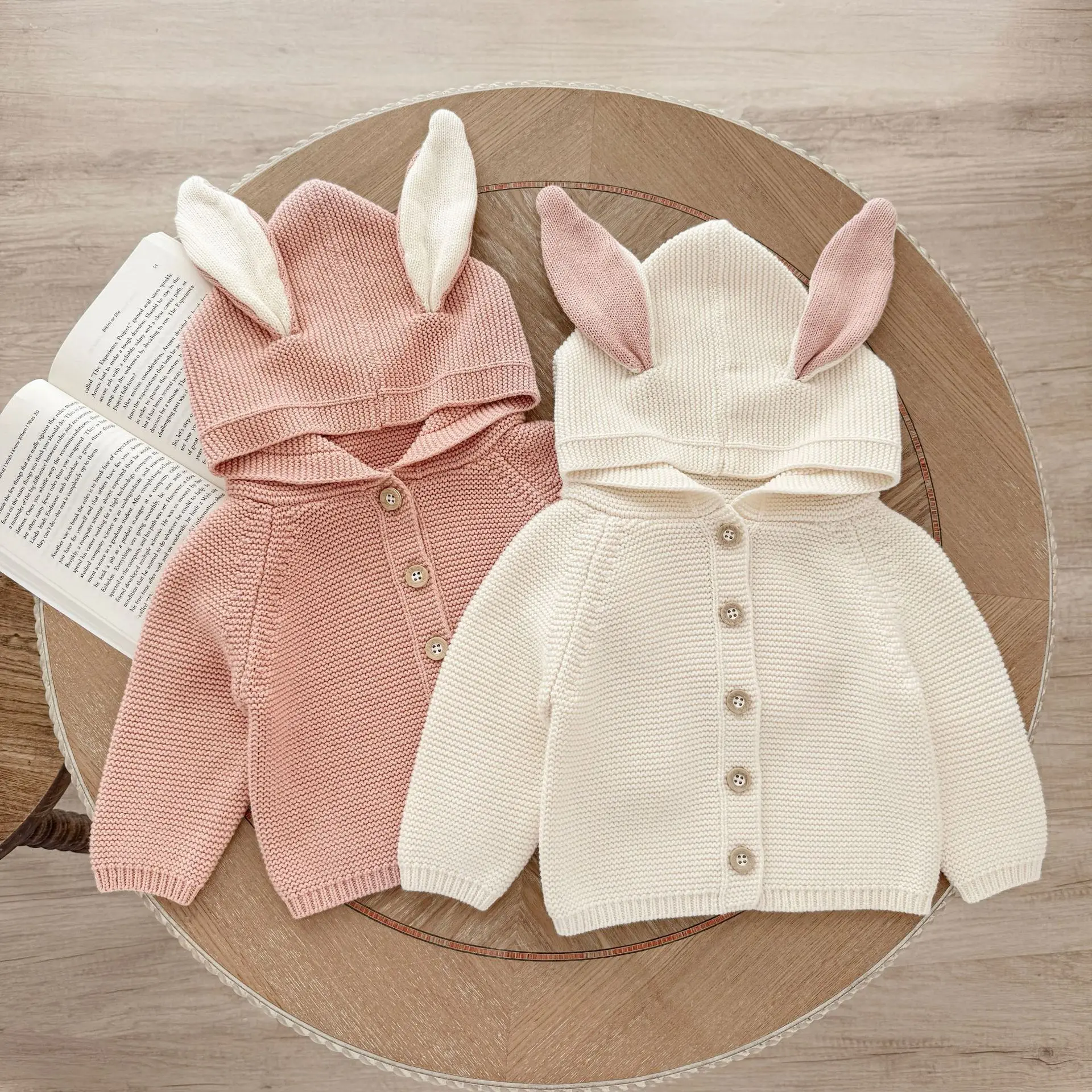 Girls' clothing rabbit ears hooded knitted cardigan pure cotton custom sweet eye-catching autumn and winter outerwear