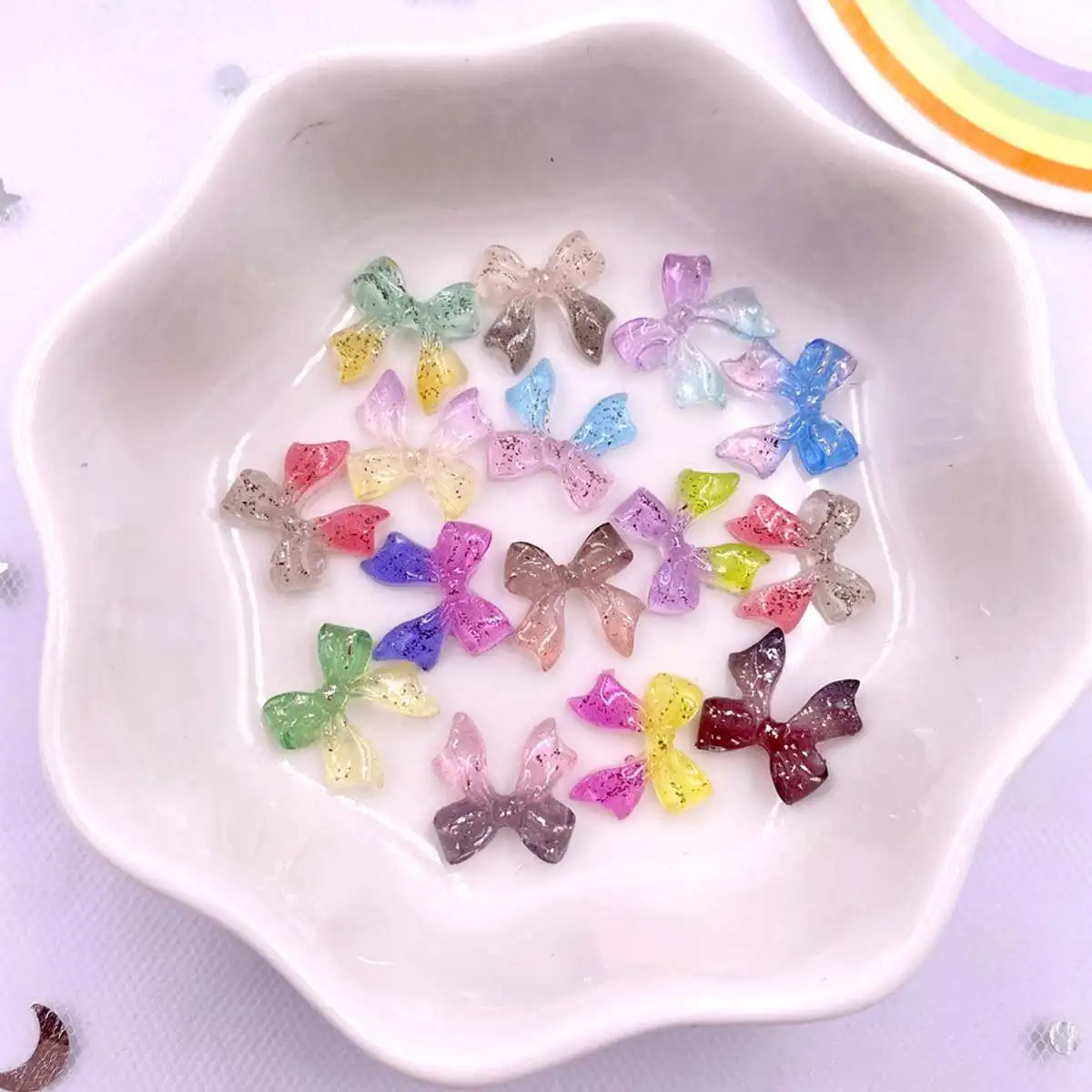 Resin Clear Candy Color Glitter Butterfly Nails Art Flatback Rhinestones Colorful Bow Figurines 50PCS DIY Scrapboos Decor Crafts
