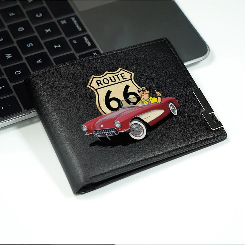 ROUTE 66 Diseño de coche clásico Cartera delgada de PU para hombre Estilo de negocios LUZ duradera Uso diario Accesorios de moda