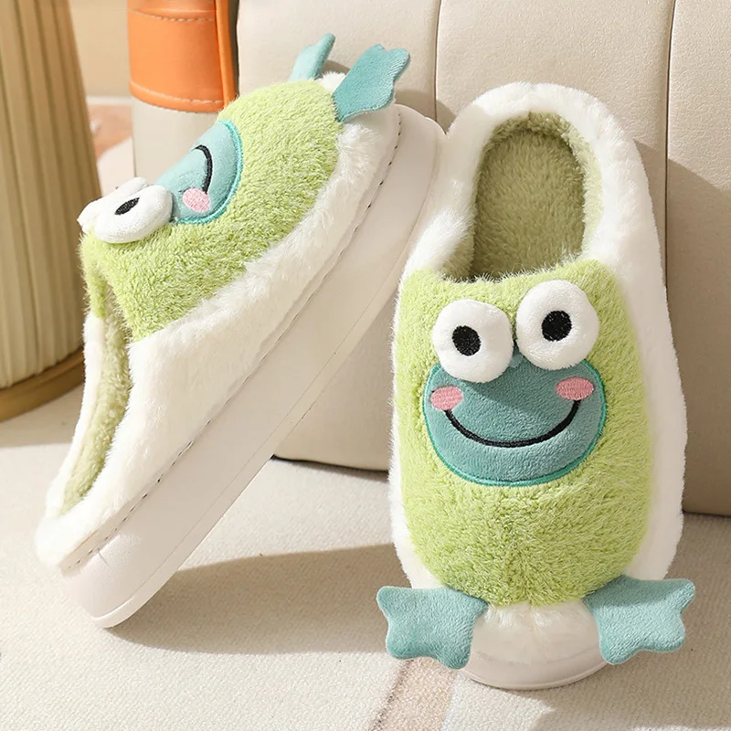 New Winter Kawaii Frog Pattern Plush Slippers Thick Bottom Home Cartoon Cotton Shoes Woman Indoor Non Slip Fluffy Fur Slippers