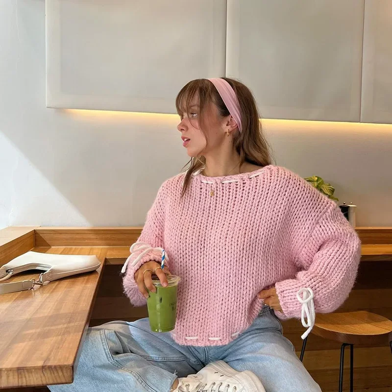 Dames Y2K gebreide losse trui chic één schouder vetersluiting strik gezellige gebreide truien top truien herfstmode roze wit