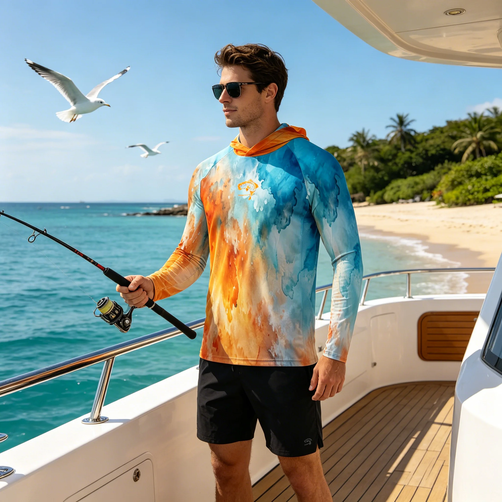 Mens UPF50 Sun Protection Fishing Hoodies Quick Dry Breathable Long Sleeve Fish Shirts Print Anti UV Lightweight Outdoor Angling