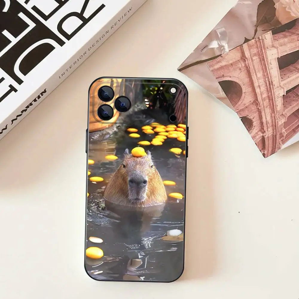 Bonito animal de estimação c-capivara para iphone 17,16,15,14,13,12,11, pro, max, plus, e, se4, air, mini capa de telefone preta com capa macia