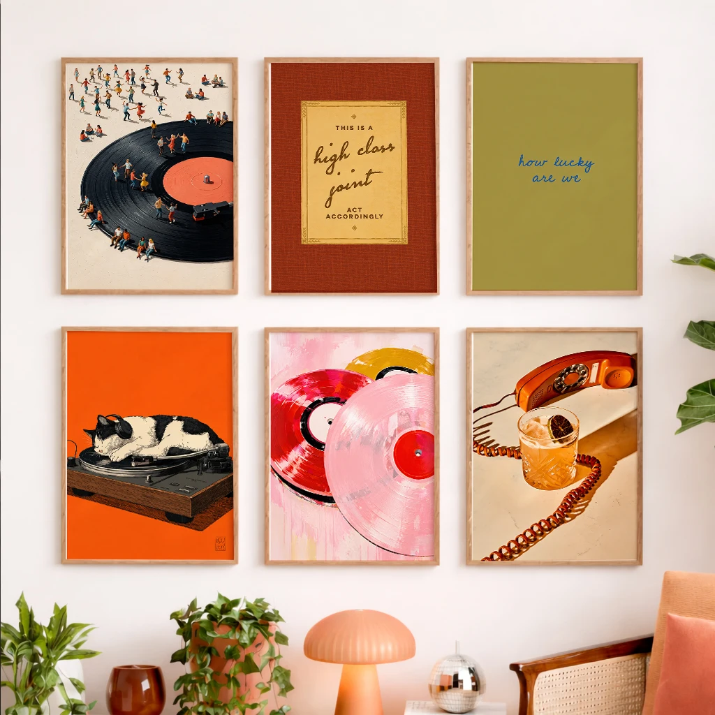 Set of 6 Retro Music Vinyl Cat Turntable Telephone Abstract Pop Art Wall Decor Canvas Poster Vintage Aesthetic Home Living