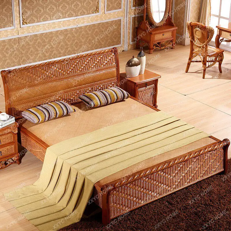 New Chinese double bed environmentally friendly rattan bed 1.8 meters solid wood rattan bed