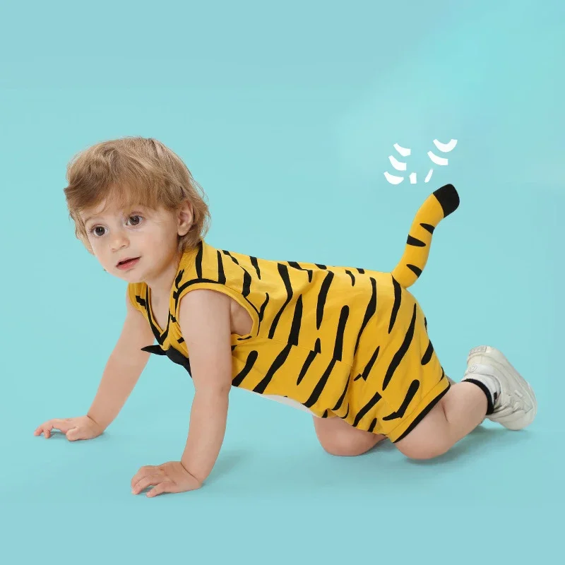 

Cartoon Tiger Summer Baby Clothes Rompers Boys Girls Bodysuit Korean Baby Onesie Print Cotton Short Sleeved Bow Tie jumpsuit