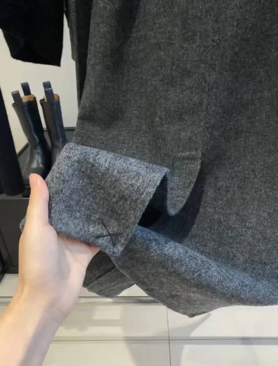 معطف صوفي نسائي أصلي من مزيج الصوف باللون الرمادي 2025 مع حزام، معطف صوفي طويل من الصوف على الوجهين #5