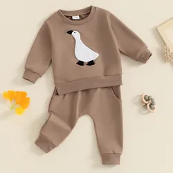 Newborn Baby Boy Pants Sets 2Pcs Fall Clothes Long Sleeve Goose Embroidery Pullover + Solid Pants Set Toddler Baby Clothing