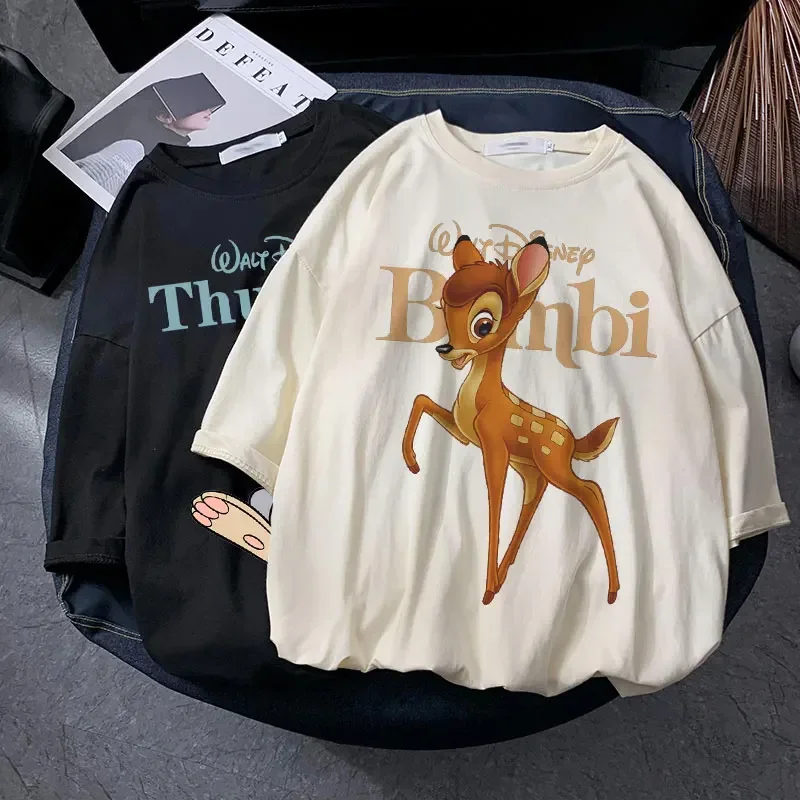 Summer Retro Fashion Kawaii Women T Shirt Cute Cartoon Bambi Printed Graphic Short Sleeve T-shirt Unisex Y2k Clothes Tops