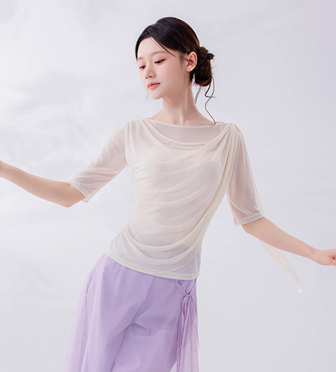 Classical Dance Top Women Body lyric Shirt Stretch Slim Gauze Mesh Long Middle Sleeve Stage Clothes Elegant Training Costume Top