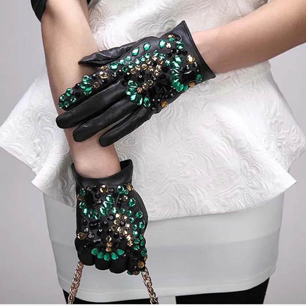 Women's Green Diamonds Black Genuine Sheepskin Leather Gloves Girls Motorcycle Riding Driving Dancing Glove R2438