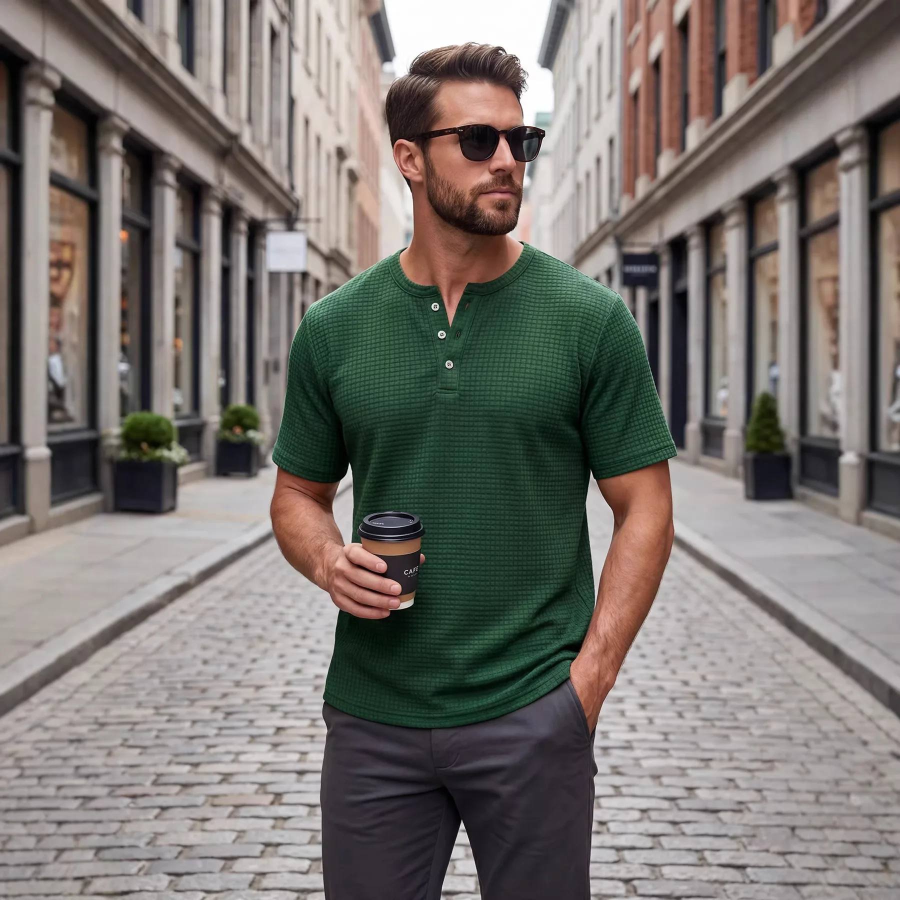 Men Waffle Knit Henley Short Sleeve T-Shirt, 3 Buttons Notch Neck Casual Basic Top, Breathable Tee for Daily Urban City Outfits