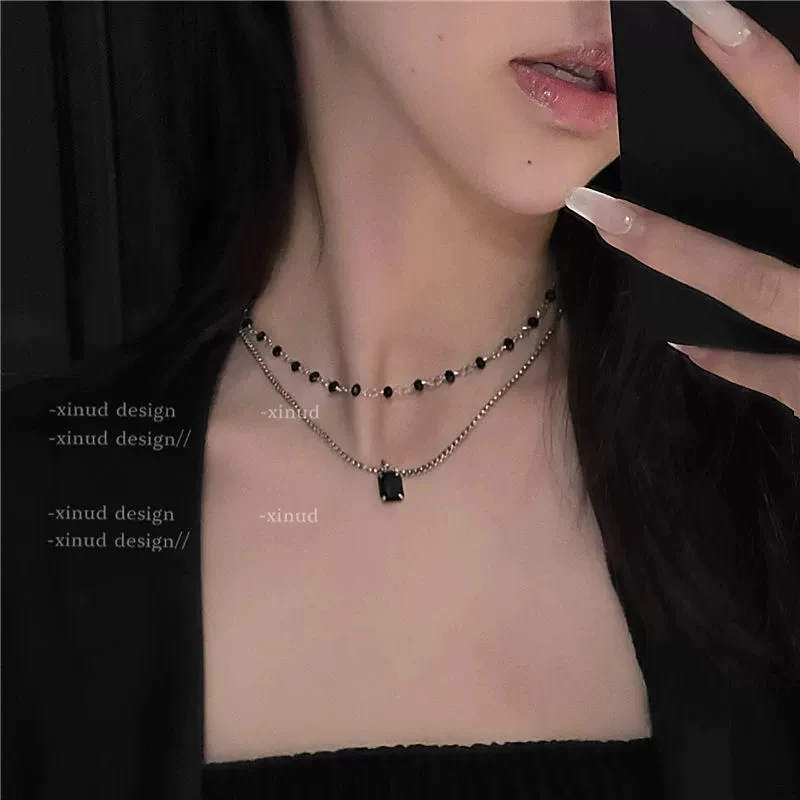 

Fashion Kpop Black Beaded Double Layer Choker Necklace For Women Girls Goth Square Zircon Pendant Esthetic Collar Chain Jewelry