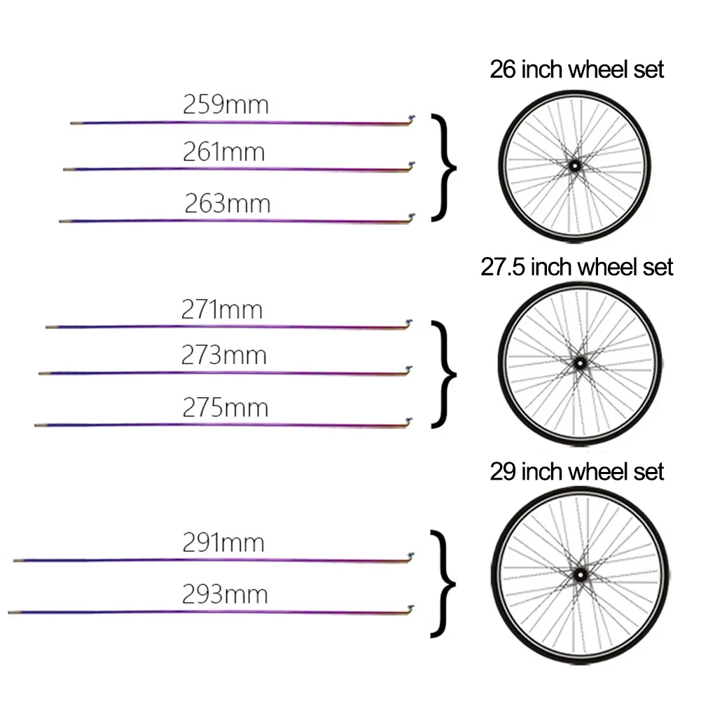 36Pcs/Set Bike Spokes With Nipples Bicycle 14 Guage Rainbow Spokes Aluminum Alloy Bike Parts 259/261/263/271/273/275/291/293mm