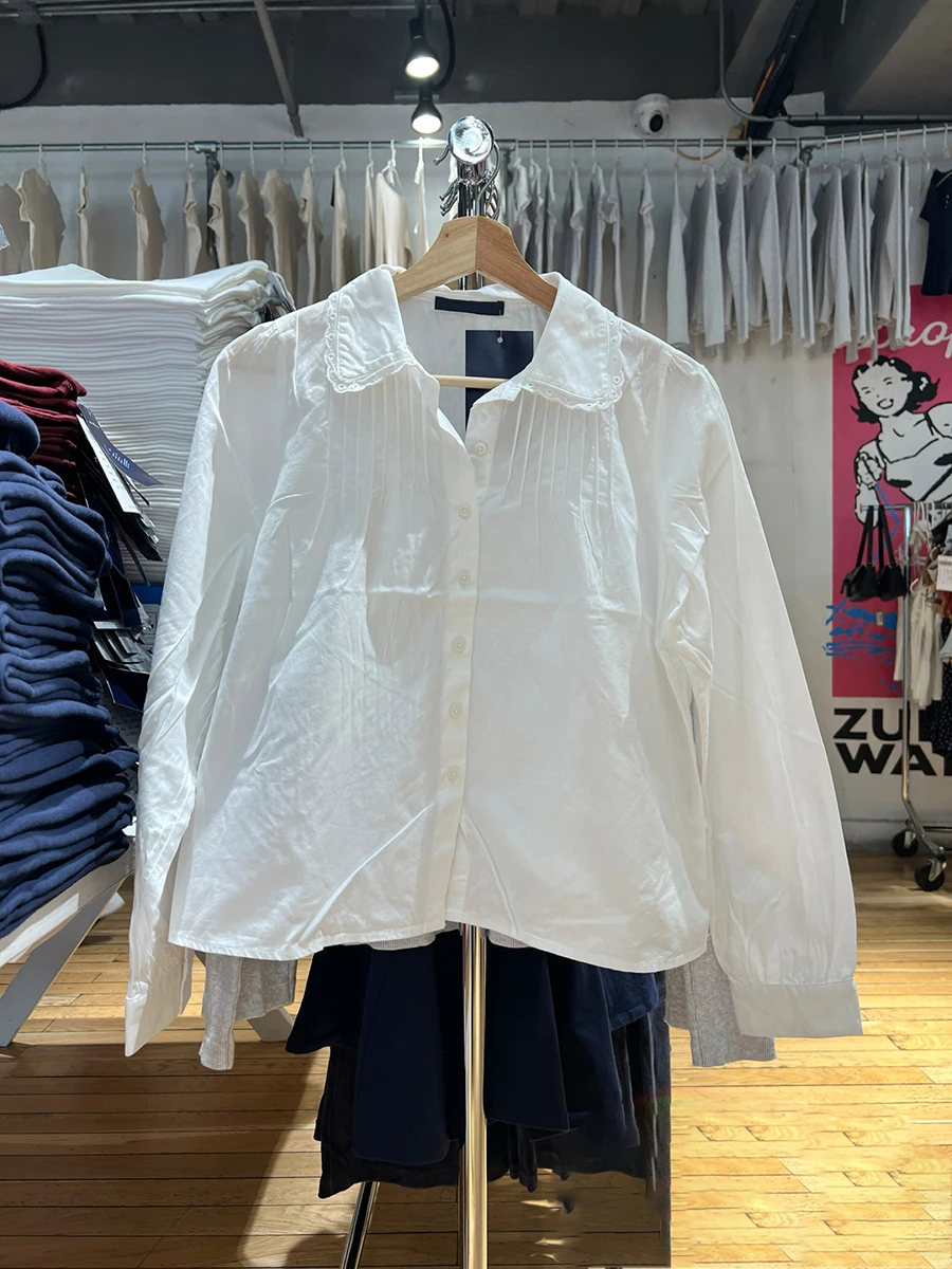 

Белая блузка с длинным рукавом и кружевной отделкой, женская однобортная блузка с воротником «Питер Пэн», милая простая повседневная рубашка, топ