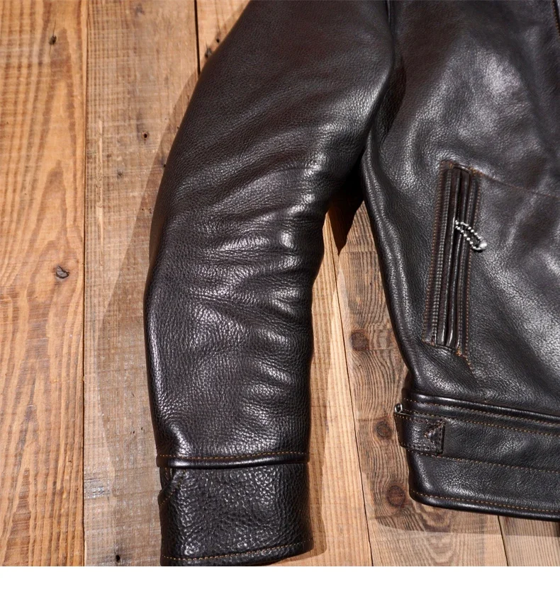 النمط الأمريكي الرجعية الحبوب الكاملة 1.6 سمك Muhandro جلد البقر سترة 1930 S الرجال دراجة نارية قصيرة الوقوف طوق