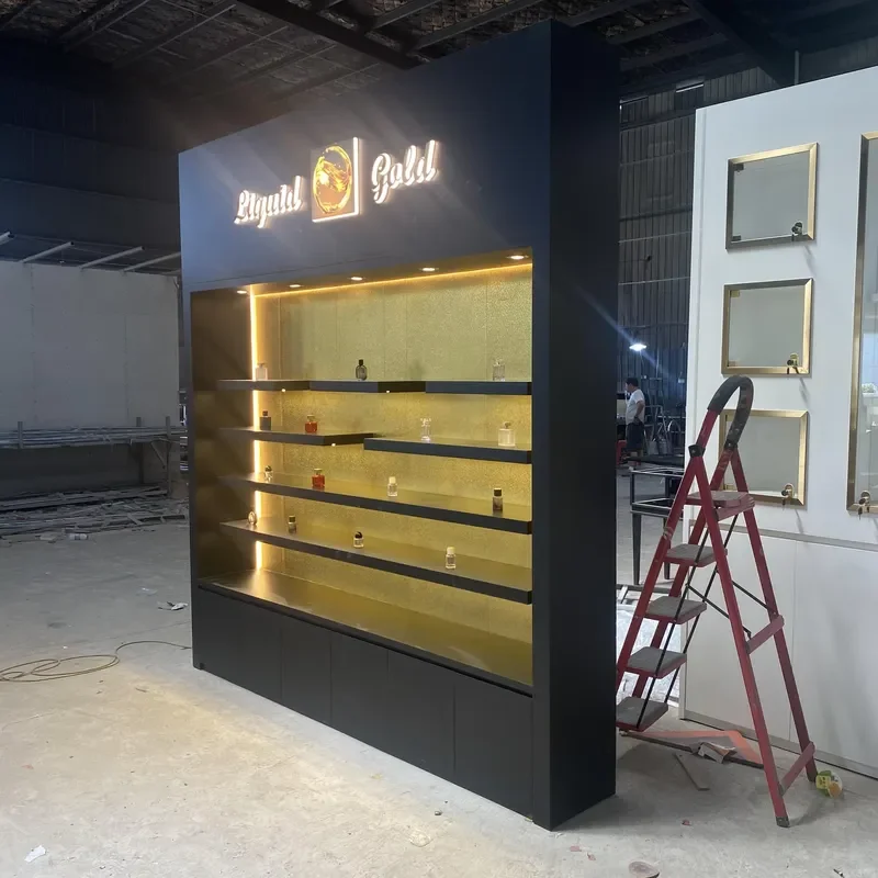 2026 High-end Wood MDF Plywood Jewelry Perfume Kiosk Display case Vitrina Vetrina Espositiva Led Display Cabinet