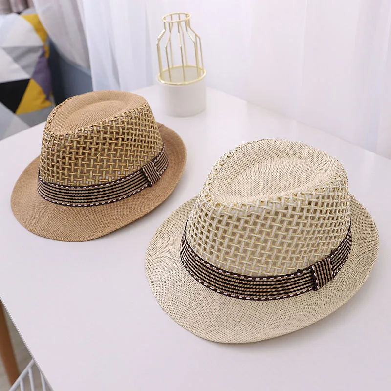 Sombrero de paja de playa de verano para niños, sombreros de sol de malla de Jazz Panamá para bebés, sombreros de fieltro de Color sólido, cinta informal para niños, gorra de vaquero
