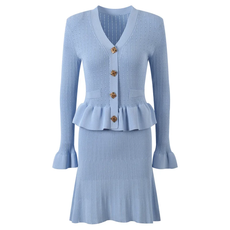 2024Autumn French Style Elegant SocialiteVCollar Long Sleeve Ruffled Waist Trimming Knitted Dress