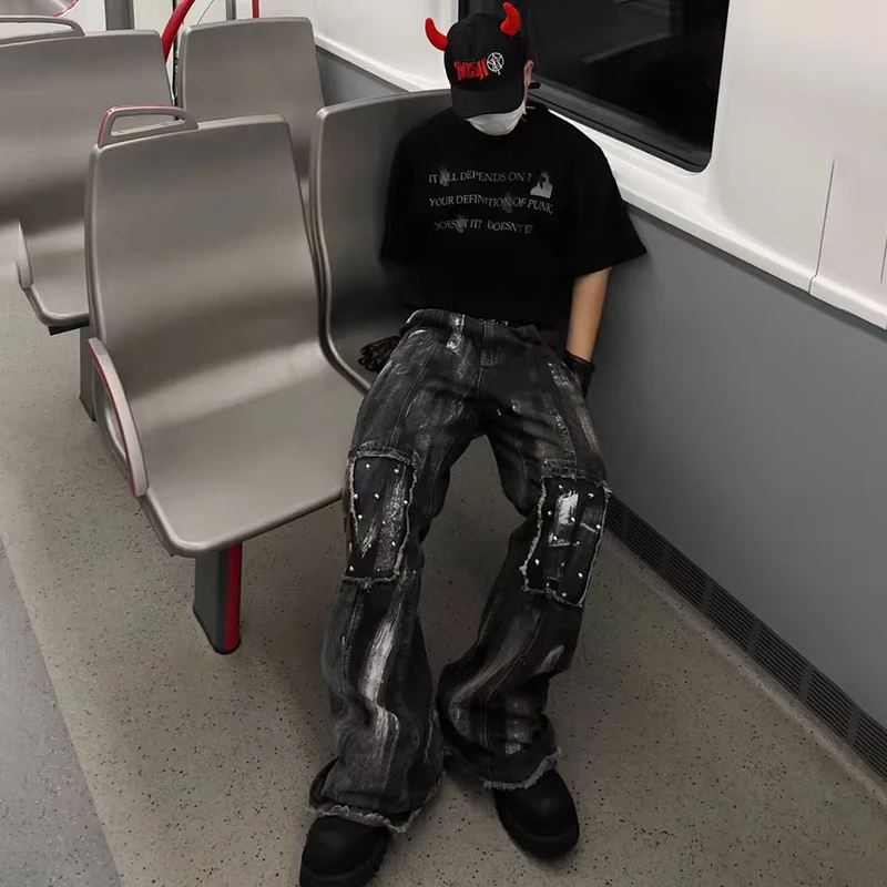 LUZHEN شخصية شارع العليا نمط مهترئ المرقعة واسعة الساق الجينز الرجال 2025 موضة جديدة عادية الدينيم السراويل JY3603