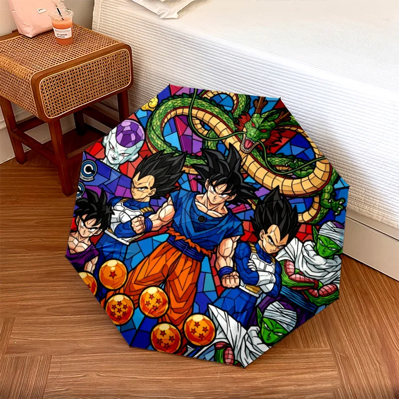 Dragon Ball Goku Faltbarer Regenschirm 8 Eisenrippen Klappbarer Sonnenschutz Modischer Automatik-Öffnungs-Mechanismus Kunststoffgriff Urlaubsgeschenke.-TING
