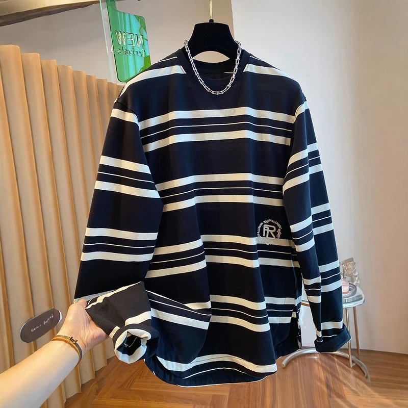 Loose Fit Color Block Striped Design Sweatshirt round Neck Embroidered Lettering Unisex Spring Autumn Casual Long Sleeve Top
