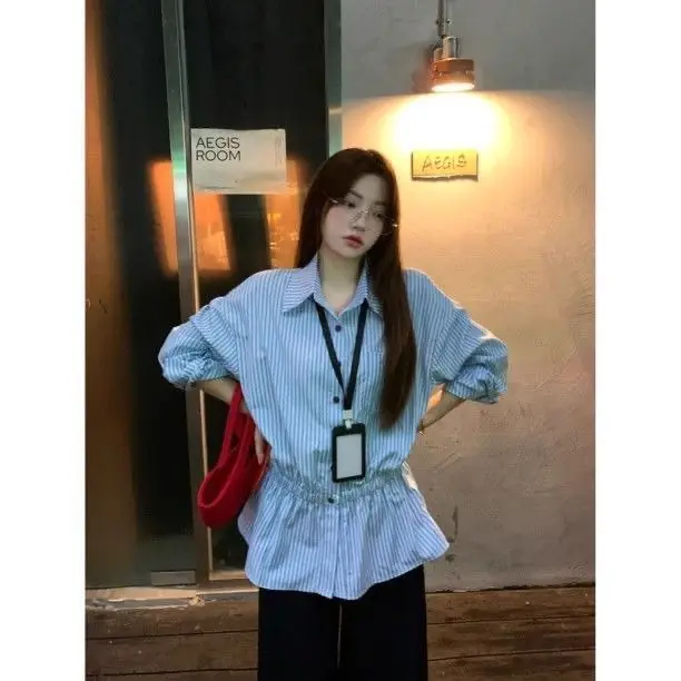 

Women's Mid-Length Striped irt American Retro Waist-Cinching Slimming Design Korean Sle Loose Fit Long Sve Ne