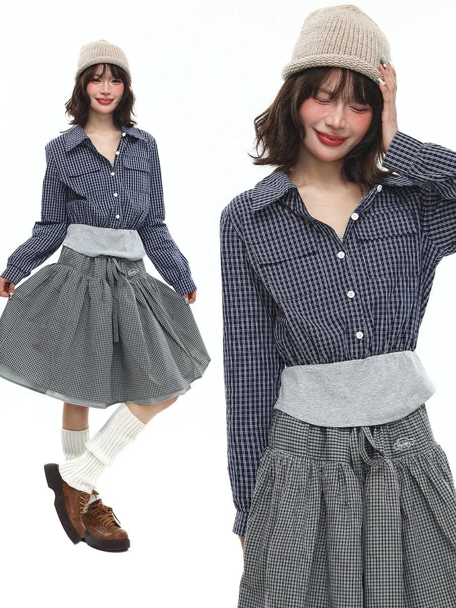 

Sanowers Korean Plaid Patchwork Long Sve ort irt Women's Slimming Waist Design Spring Faion Casual irt