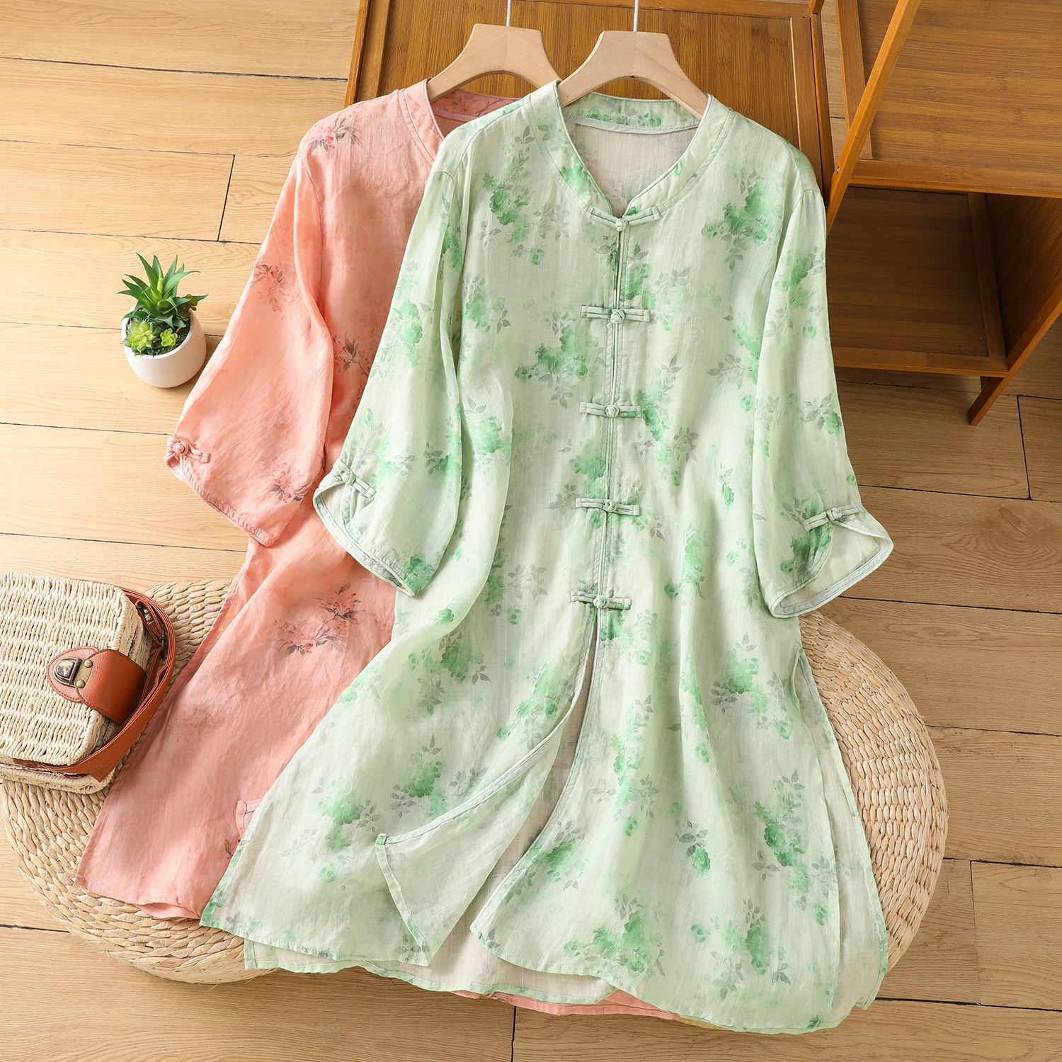 

Retro Print Stand Collar Button up Loose Fit Seven Quarter Sleeve mid Length Top Anti Aging Large Size Summer New Style Linen