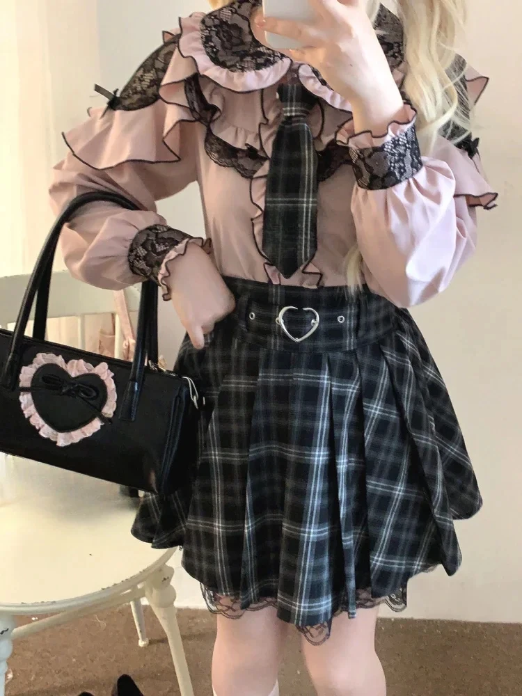 Japonský děvče lolita dlouhé rukáv blůza y2k estetická krajka patchwork luk košile ženy kawaii JK sladké nabíranou topy blusas camisa