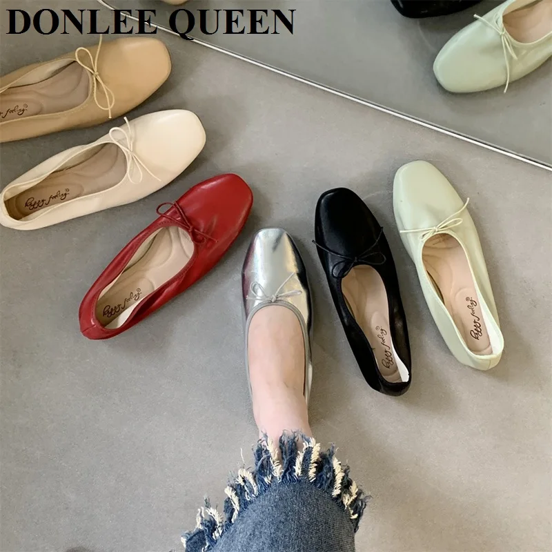 2024 New Spring Fashion Flat Ballet Shoes Fashion Bow Knot Shallow Ballet Round Toe Female Ballerina Soft Moccasin Zapatos Mujer