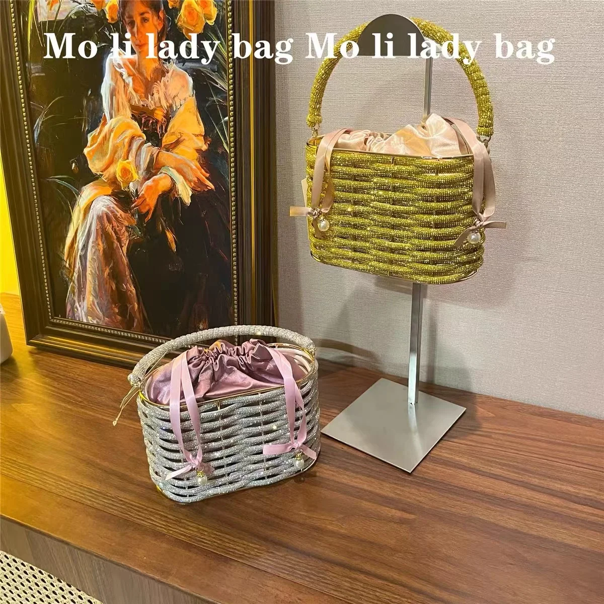 Luxury Metal Cage Rhinestone Rope Woven Women Handbag Glitter Shiny Diamond Evening Bag Wedding Party Clutch Purse Crossbody Bag