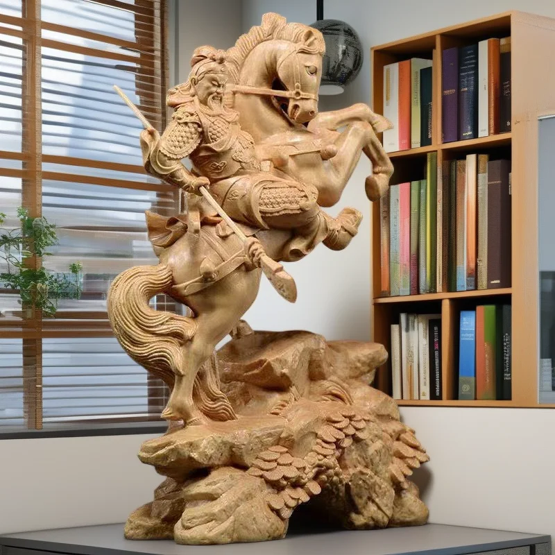 

Wood carving Riding a horse Guan Gong God of Wealth Statue Chinese mythological figure Home room, office decoration accessories