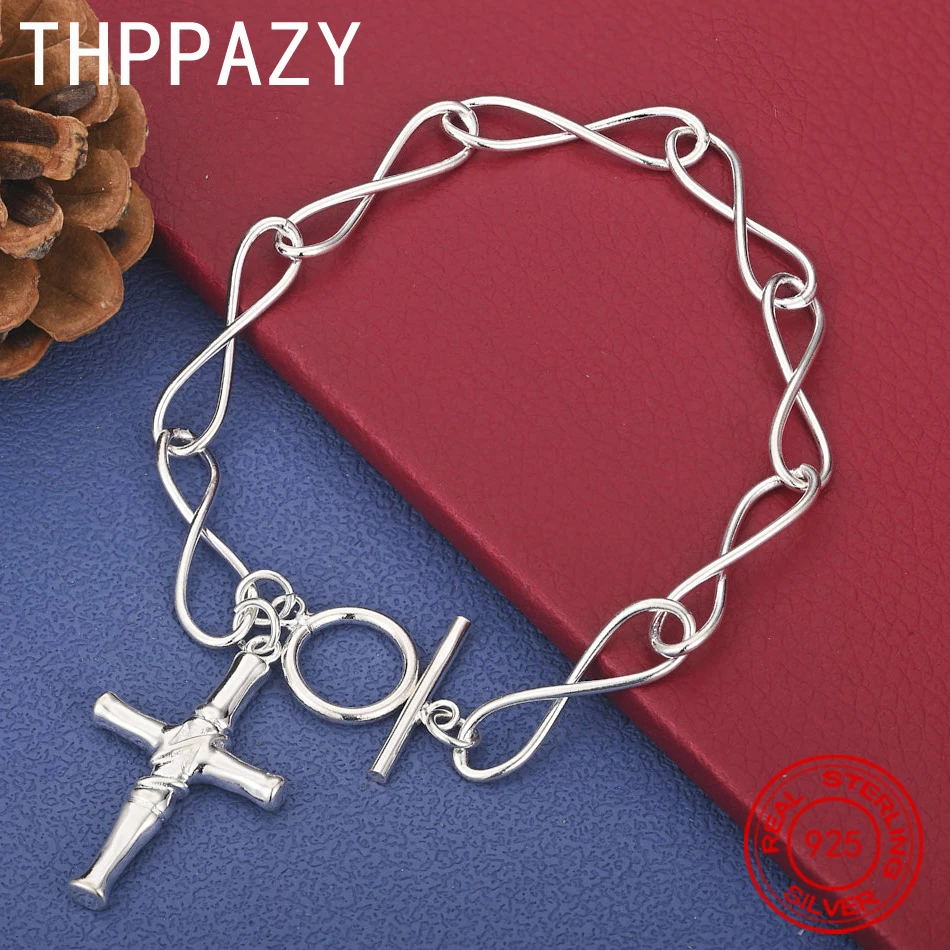 THPPAZY 925 Sterling Silver Cross Bracelet 8-Inch Chain Women Men Fashion Personalized Jewelry Anniversary Party/Birthday Gift