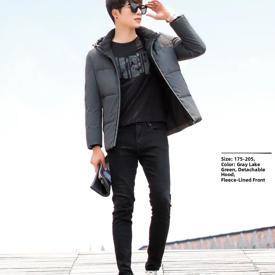 Jaket Bulu Angsa Pria Baru dengan Topi, Slim Fit, Model Terbaru, Modis, Bisnis, Putih, Bulu Angsa