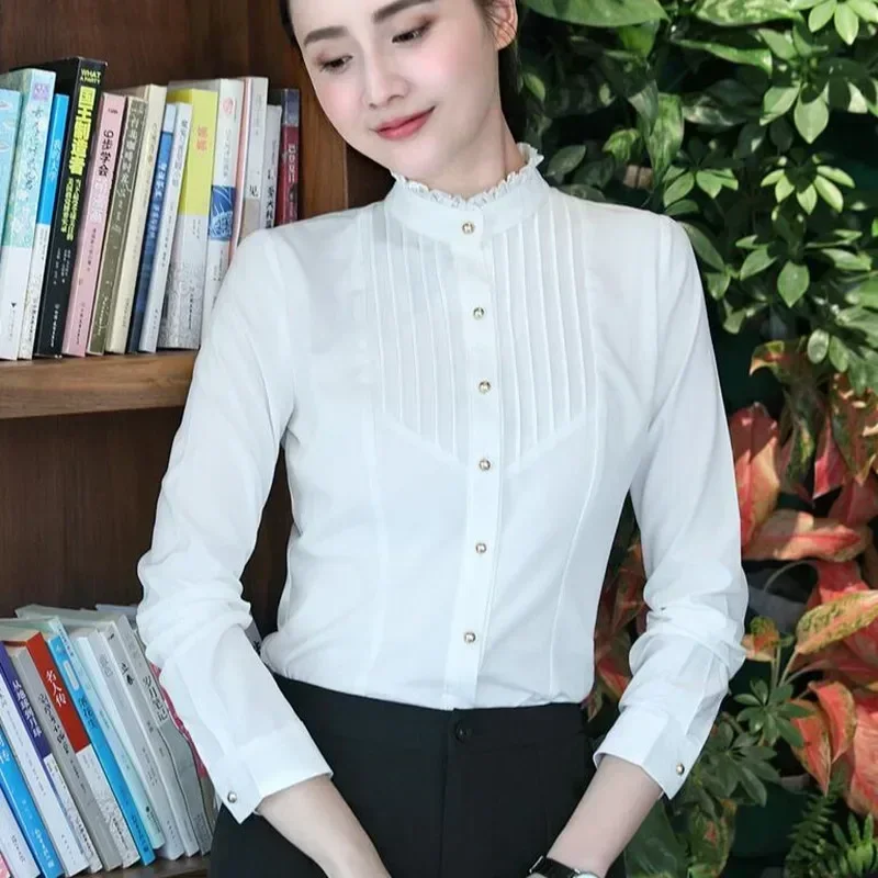 

Spring Fashion Women Clothing Long Sleeve White Blouses Formal Slim Lace Stand Collar Chiffon Shirt Office Ladies Tops