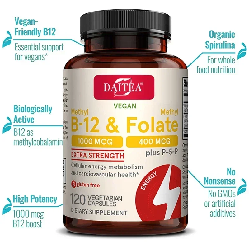 Vitamin B-12 & Folic Acid - Brain, Muscles, Energy Metabolism, Healthy Nervous System, Maximum Strength Daily B12 Supplement