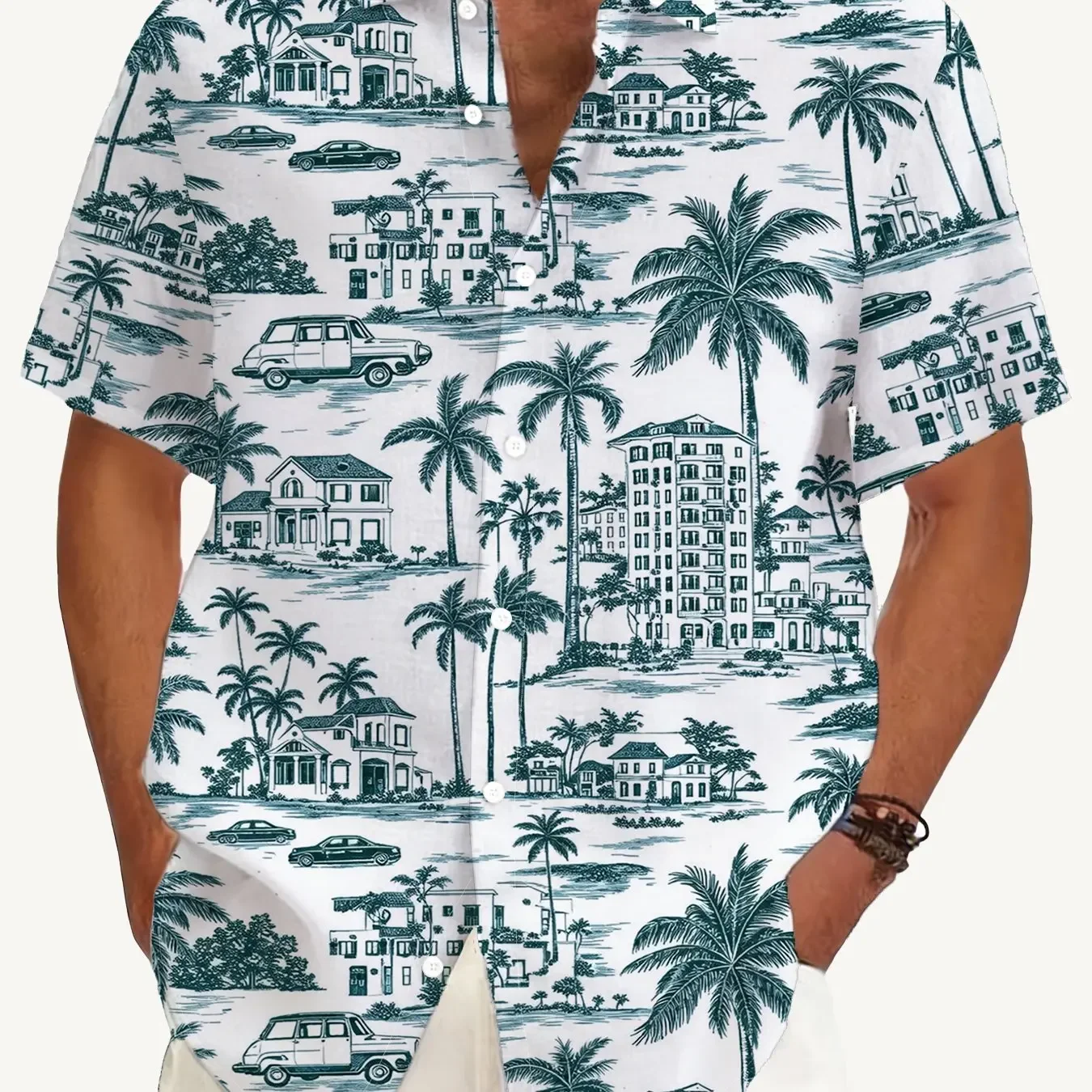 Men White Base Purple Town Coconut Car Print Hawaiian Shirt Short Sleeve Lapel Vacation Blouse