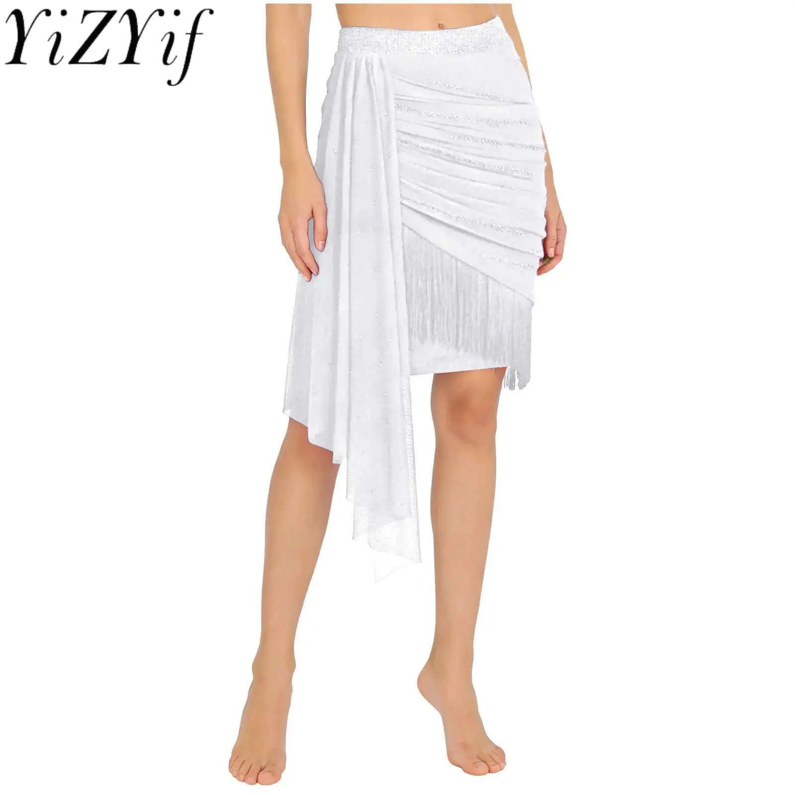 

Женская многоярусная юбка с кисточками для сальсы, латинского танца ча-ча, эластичный пояс, сетчатая драпированная юбка со рюшами для латинских выступлений, юбки