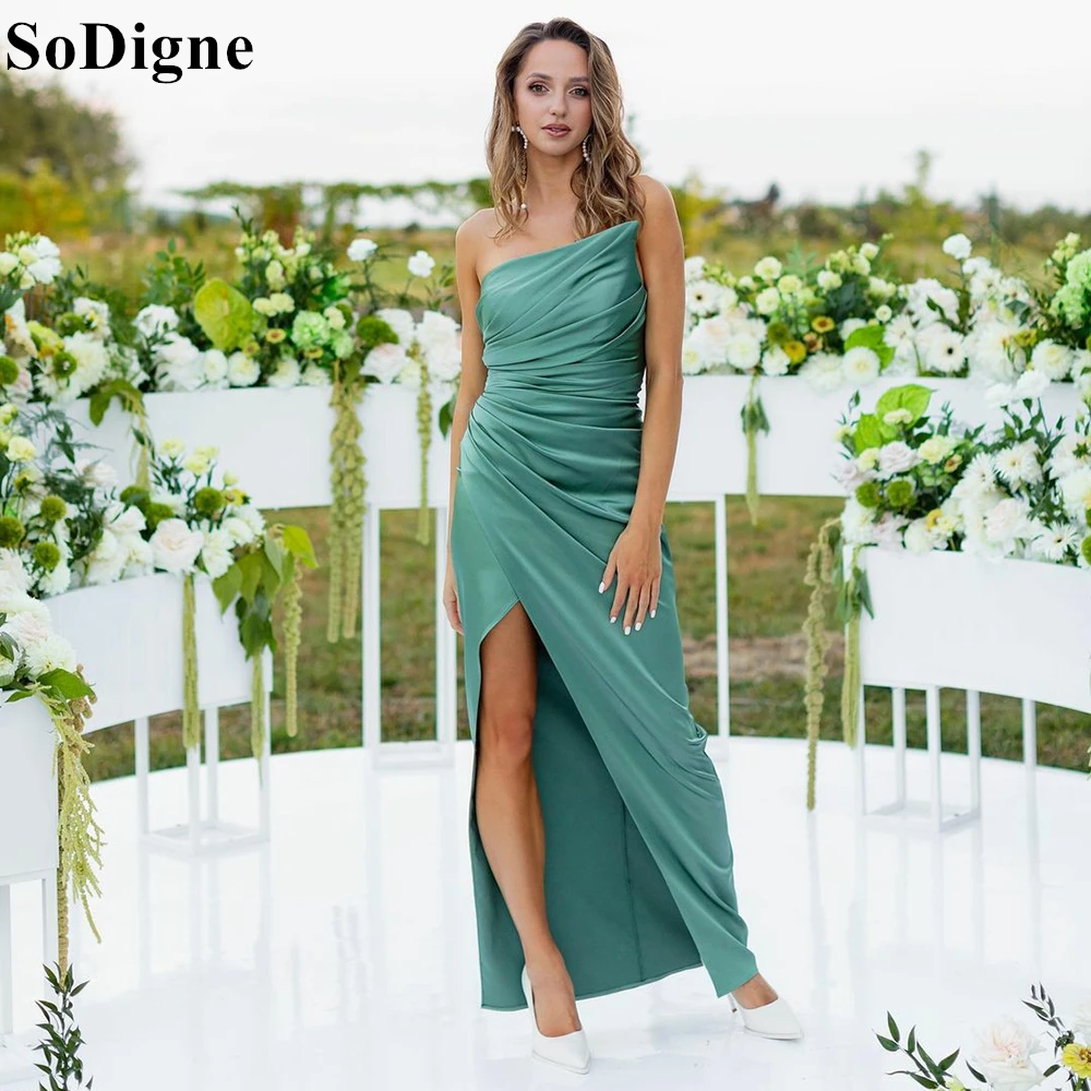 

SoDigne Elegant Turquoise Chiffon Evening Dresses Strapless Draped Side Slit Mermaid Gala Party Dress 2024 Banquet Prom Gowns