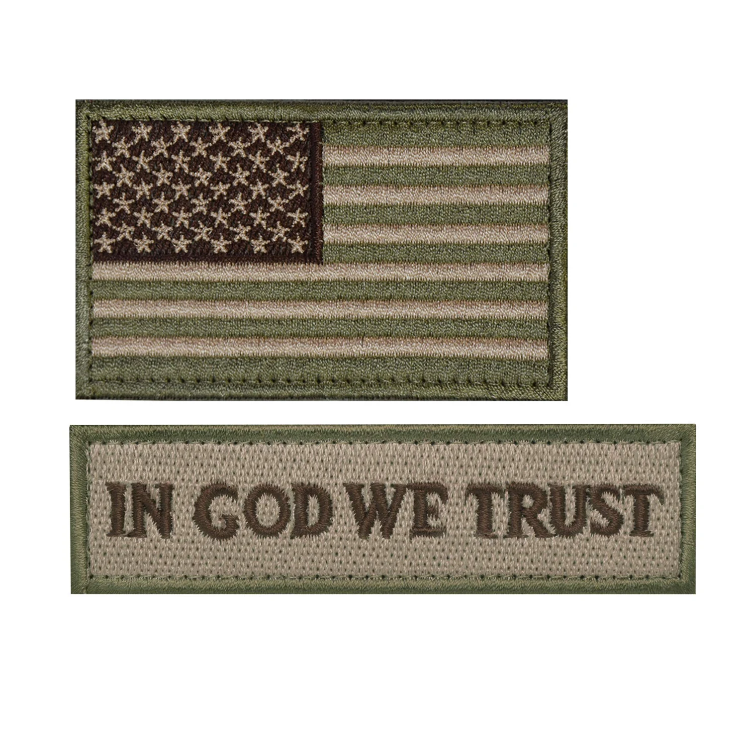 2 pezzi In dio We Trust American Flag Hook Loop Patch distintivo militare per zaini, cappelli (verde militare e nero/bianco)