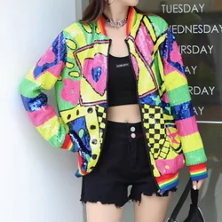 Autumn New Long Sleeve Geometry Patchwork Color Sequins Stand Neck Streetwear Jackets High Quality Hip Hop Loose Women's Coats