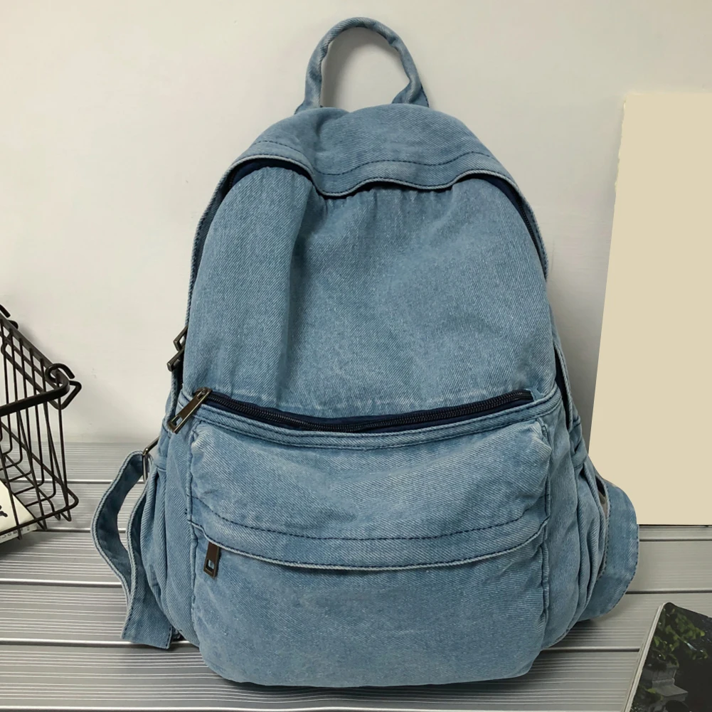 Denim Retro Students Backpack Fashion Solid Outdoor Hiking Backbag Vintage Cowboy Rucksack Large Capacity Zipper Student Bookbag