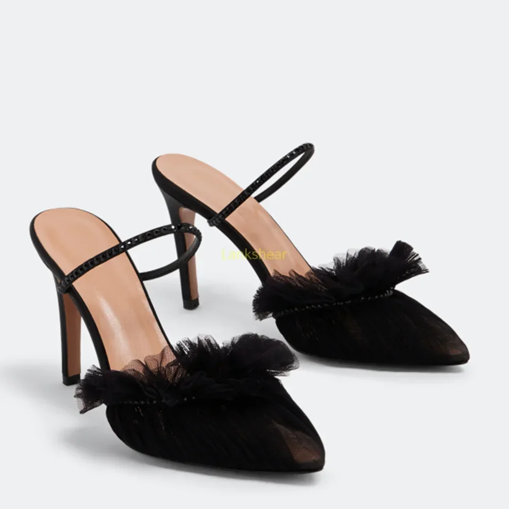 كريستال تول البغال مثير أشار تو كعب رقيقة الصلبة الانزلاق على Slingback الكاحل الاعوجاج الوافدين الجدد موضة النساء الأحذية الحديثة